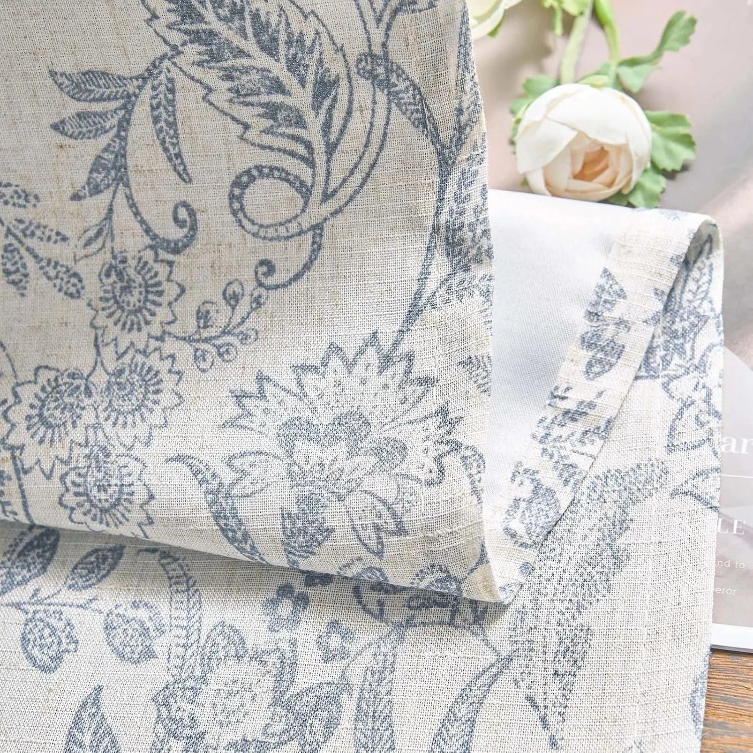 Blue floral lining curtains, rustic linen material, length 84 inches 07FC0E-D4 - KOEEK [8]