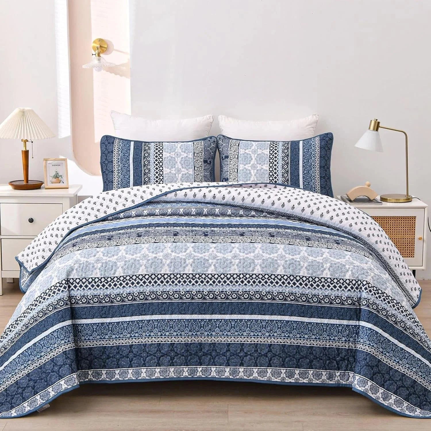 Bohemian Style Quilt Set (Queen Size) Navy Blue Bohemian Style 3-Piece Quilt Set 07FC0E-D4 - KOEEK [1]
