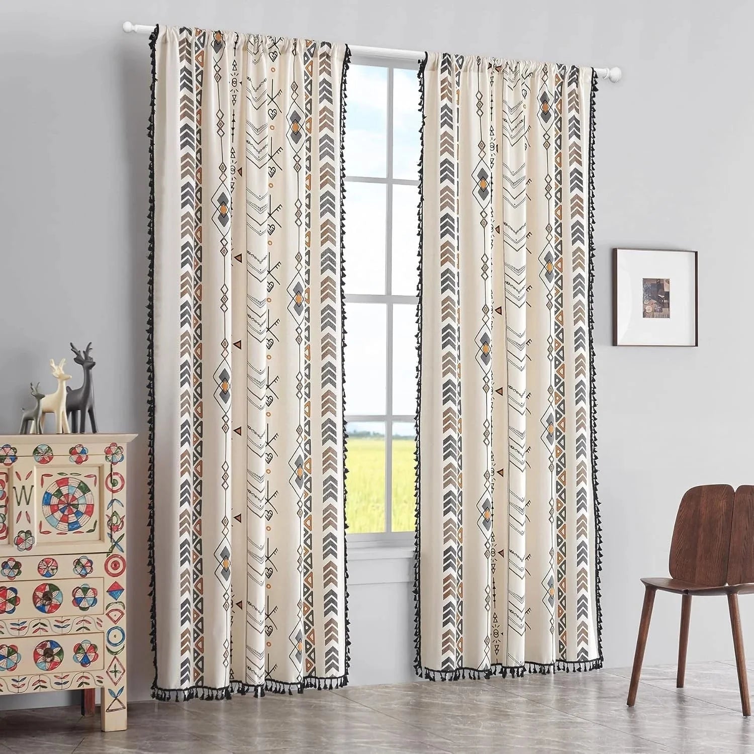 Boho Curtains Bohemian Window Treatments with Tassels Fringe & Geometric Print 07FC0E-D4 - KOEEK [1]