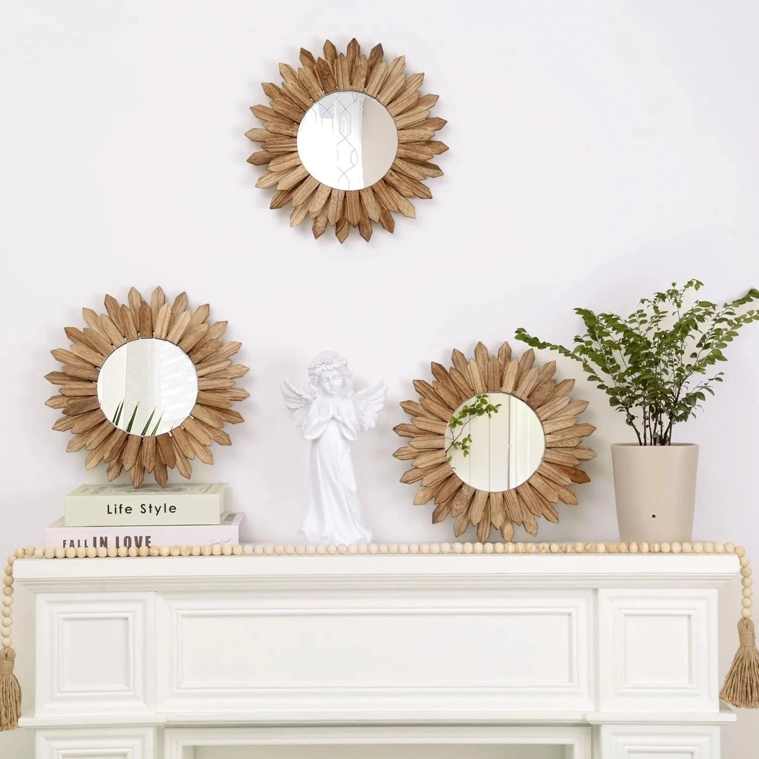 Boho Wall Decor Sunburst Mirror 3 Pack Rustic Round Wood Mirror 12 inch Mirror 07FC0E-D4 - KOEEK [1]