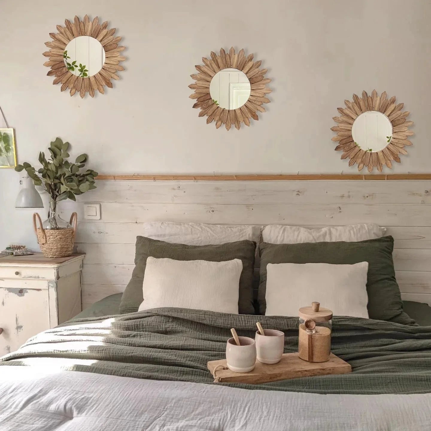 Boho Wall Decor Sunburst Mirror 3 Pack Rustic Round Wood Mirror 12 inch Mirror 07FC0E-D4 - KOEEK [5]