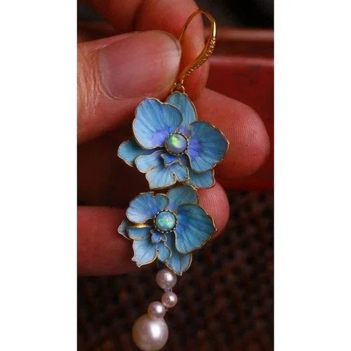 Butterfly Orchid Earrings Filigree Cloisonné Faux Pearl Chinese Style Jewelry 07FC0E-D4 - KOEEK [1]