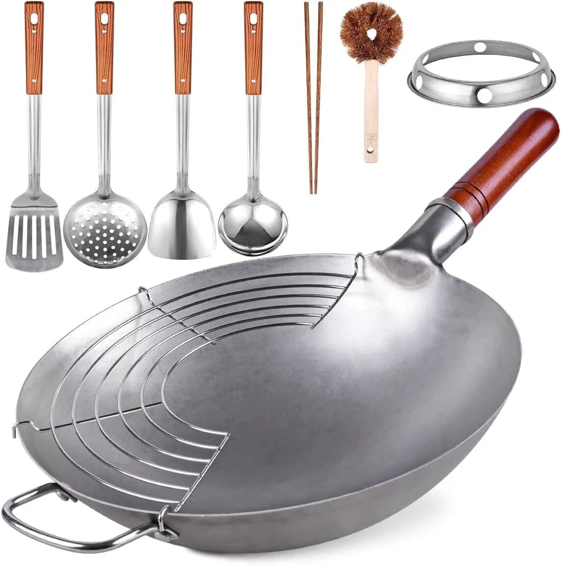 Carbon Steel Frying Pan Traditional Handmade - Chinese Frying Pan Set 07FC0E-D4 - KOEEK [1]