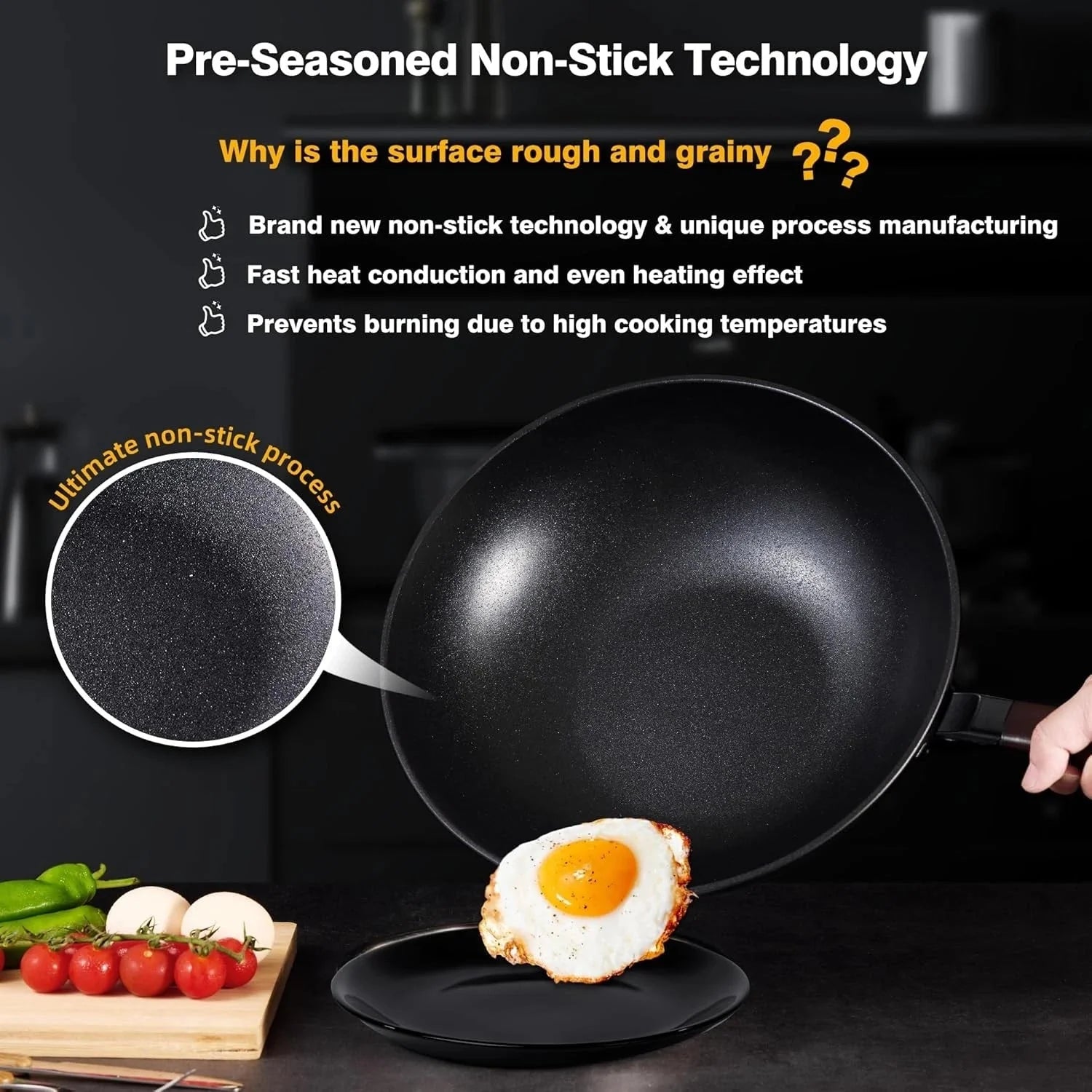 Carbon Steel Wok -13 Inch Woks & Stir-fry Pans Nonstick, Wok Pan with Lid 07FC0E-D4 - KOEEK [3]