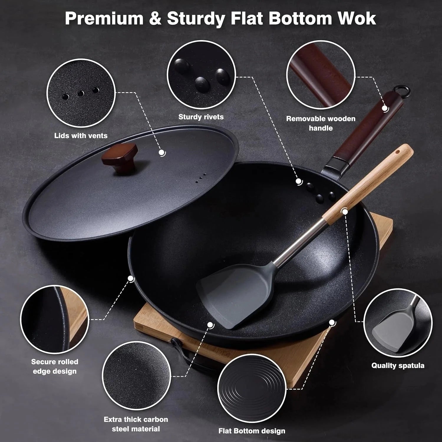 Carbon Steel Wok -13 Inch Woks & Stir-fry Pans Nonstick, Wok Pan with Lid 07FC0E-D4 - KOEEK [4]