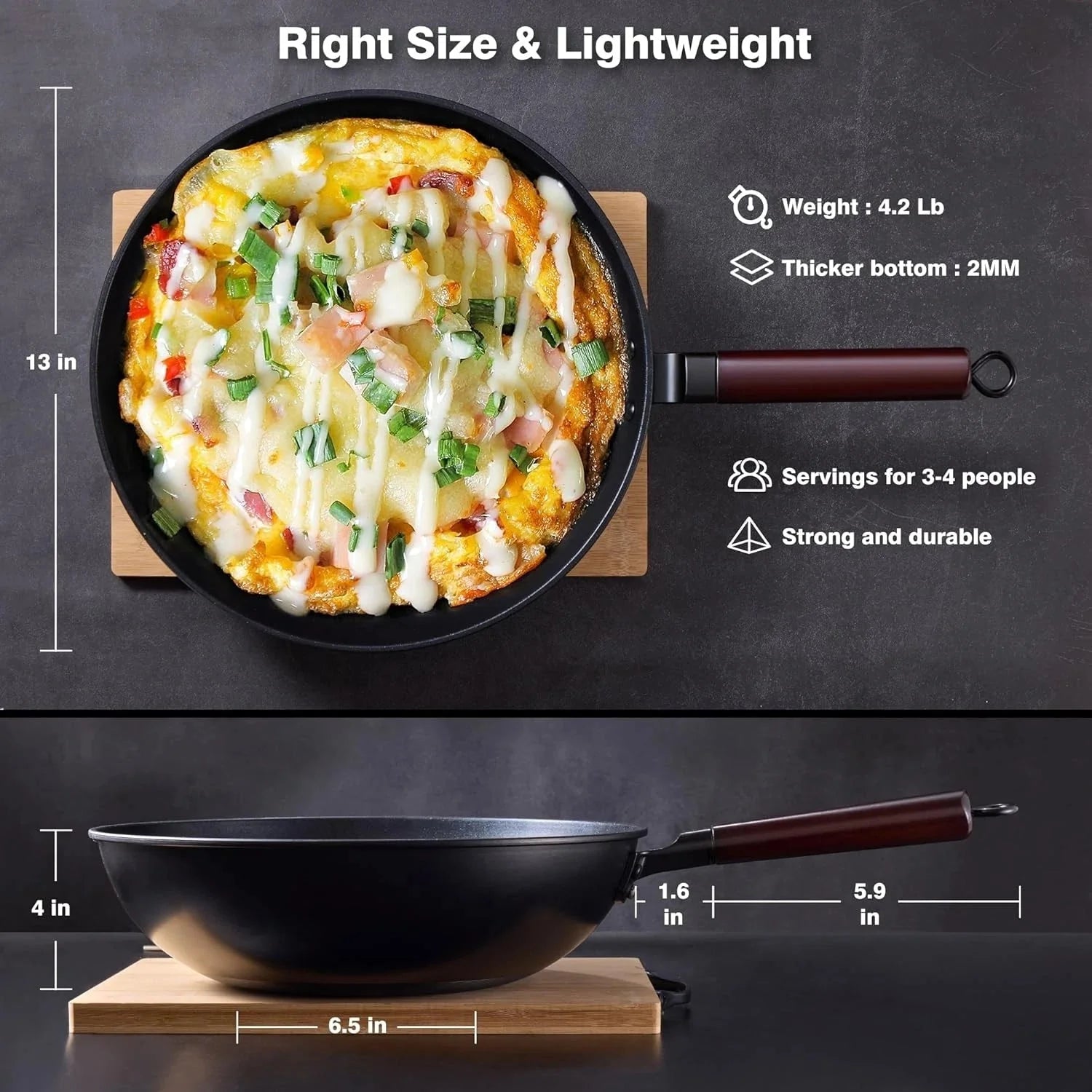 Carbon Steel Wok -13 Inch Woks & Stir-fry Pans Nonstick, Wok Pan with Lid 07FC0E-D4 - KOEEK [6]