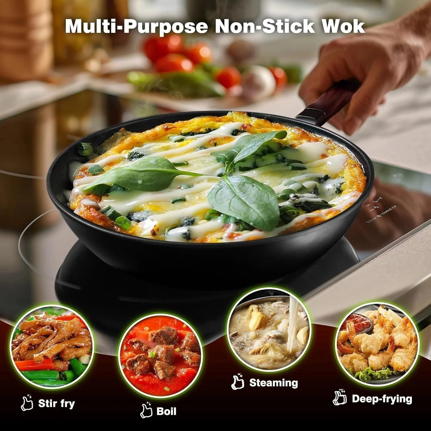 Carbon Steel Wok -13 Inch Woks & Stir-fry Pans Nonstick, Wok Pan with Lid 07FC0E-D4 - KOEEK [7]