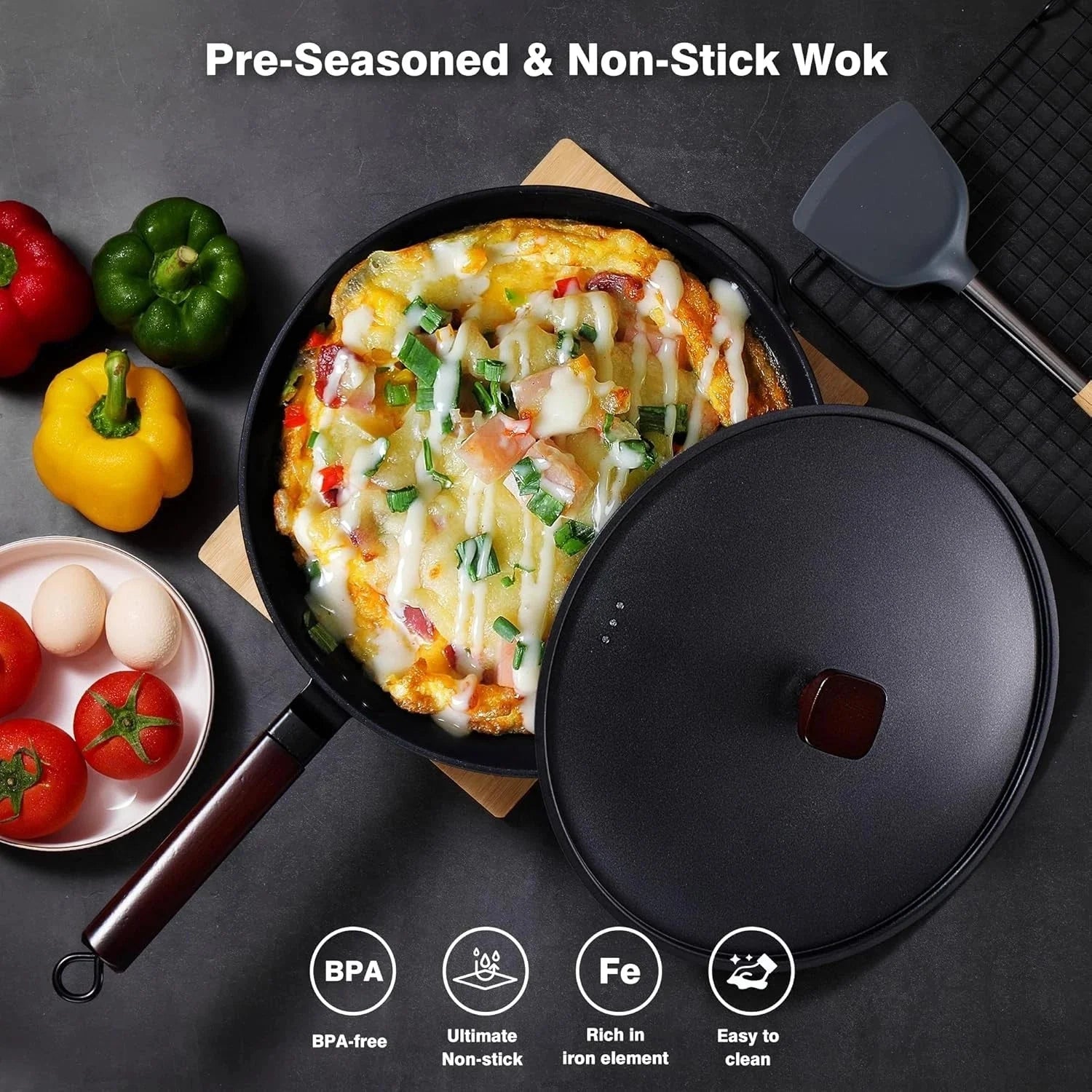 Carbon Steel Wok -13 Inch Woks & Stir-fry Pans Nonstick, Wok Pan with Lid 07FC0E-D4 - KOEEK [8]