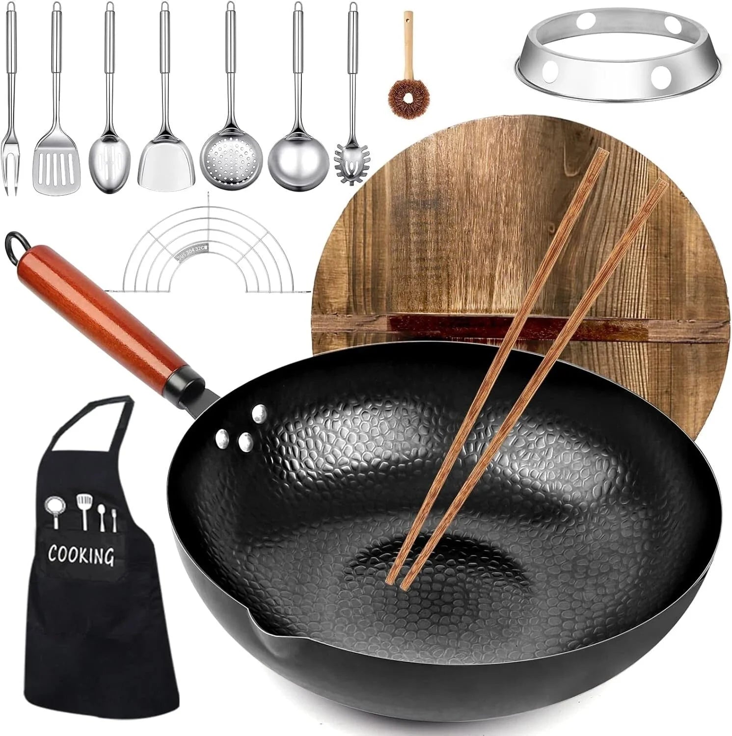 Carbon Steel Wok, 14-Piece Sauté Pan and Wok Set with Wooden Lid Cookware 07FC0E-D4 - KOEEK [1]