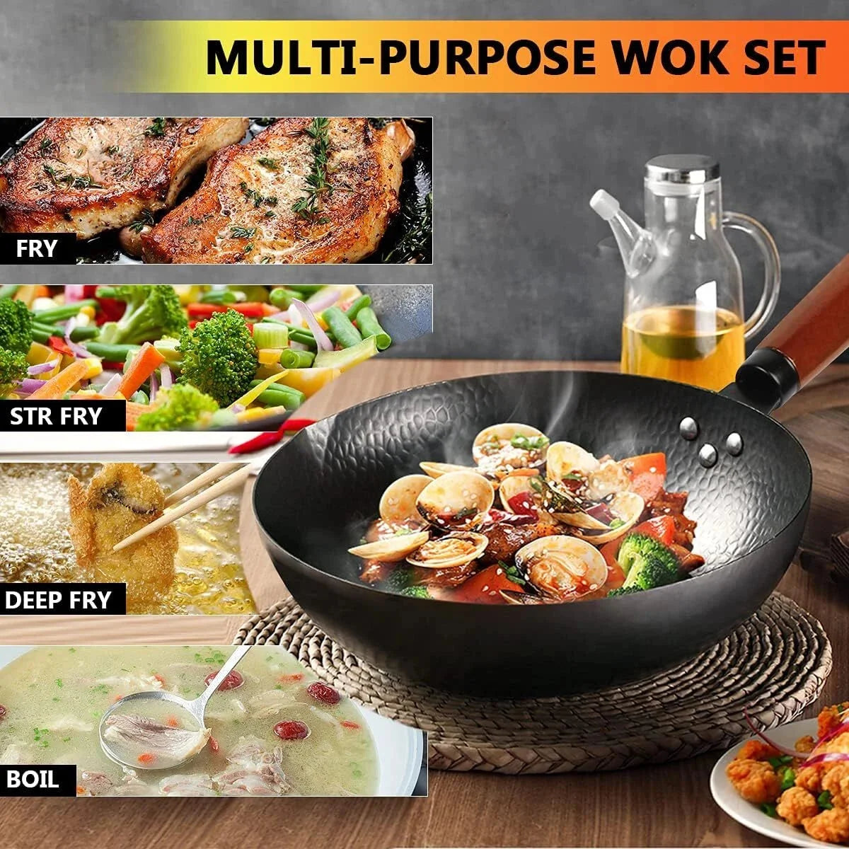 Carbon Steel Wok, 14-Piece Sauté Pan and Wok Set with Wooden Lid Cookware 07FC0E-D4 - KOEEK [6]