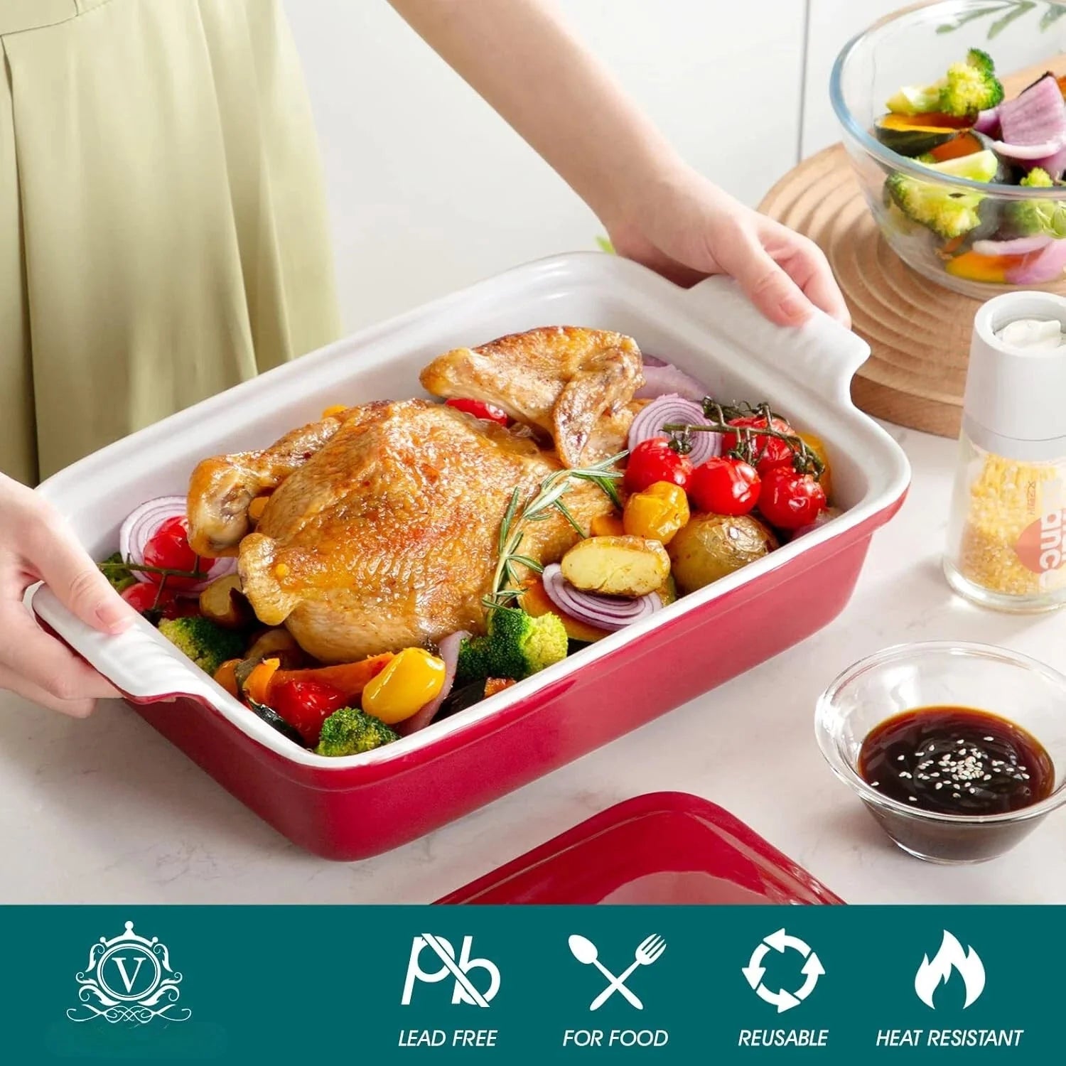 Casserole, 13x9 Baking Pan, 3.8-Quart Casserole Set , with Lid, Red 07FC0E-D4 - KOEEK [4]