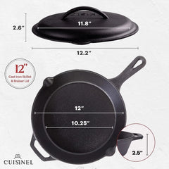 Cast Iron Skillet with Lid - 12"-inch Pre-Heated Lid Skillet Set Grill Safe 07FC0E-D4 - KOEEK [2]