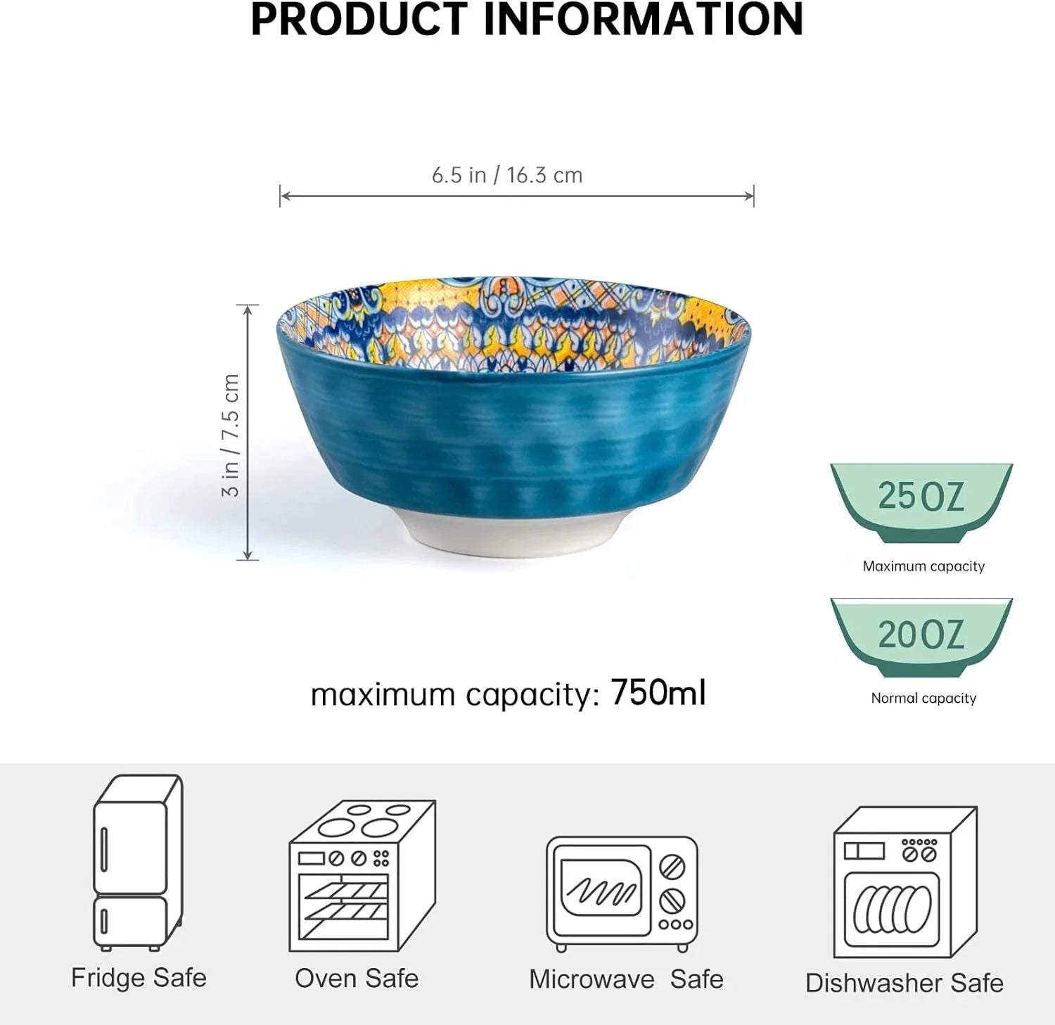 Ceramic Cereal, Soup Bowls Set of 6-25 Oz Porcelain Serving Bowls for Dinner 07FC0E-D4 - KOEEK [2]