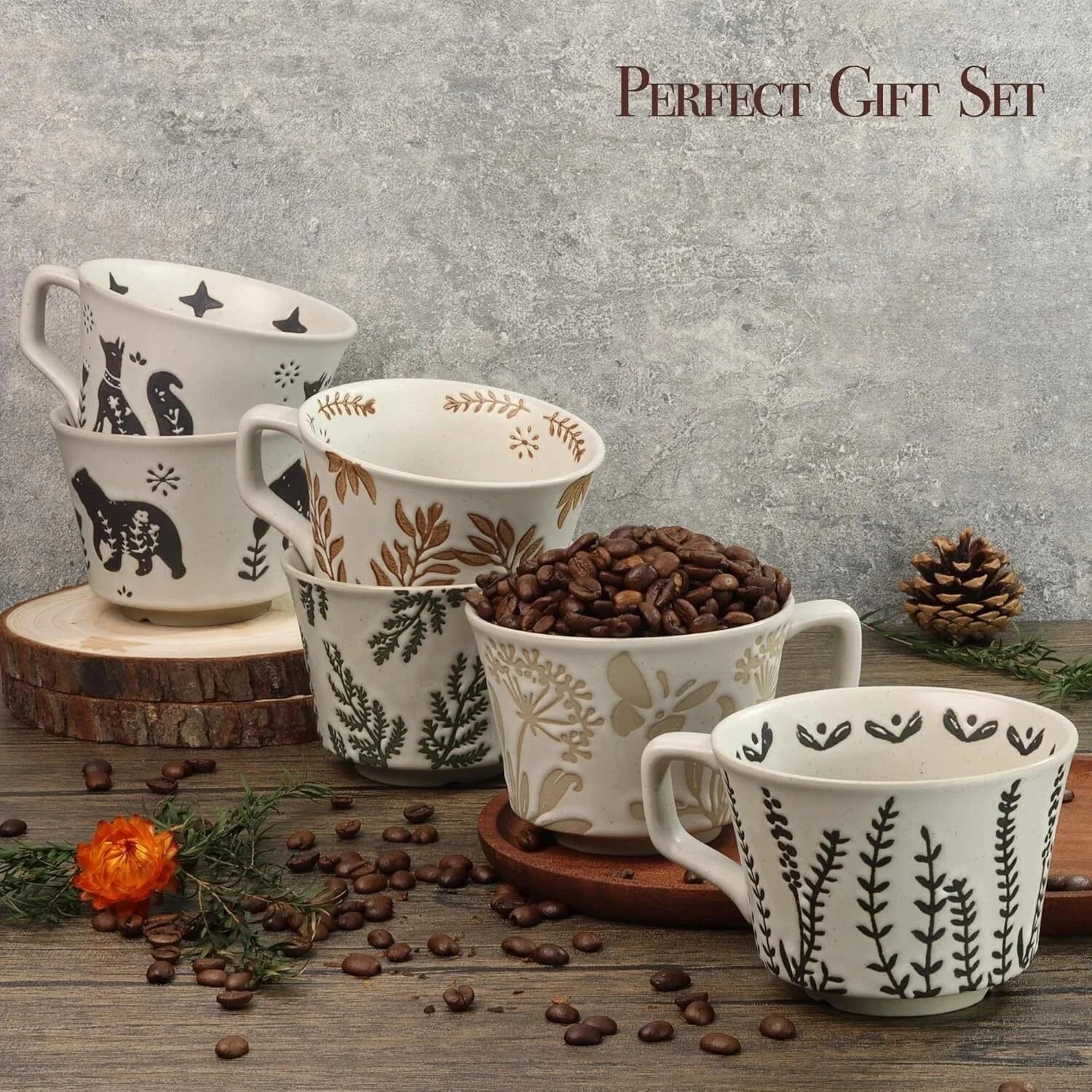 Ceramic Coffee Mugs, 12 oz Novelty Unique Tea Mugs with Large Handles, Set of 4 07FC0E-D4 - KOEEK [5]