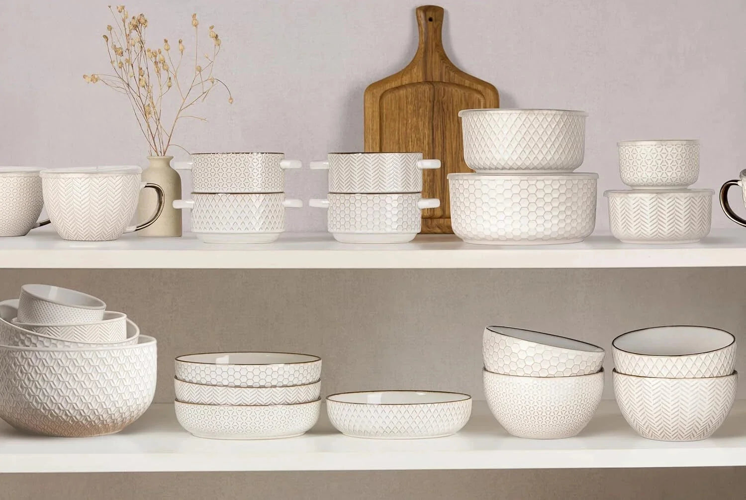 Ceramic Mixing Bowls, Set of 4, Embossed Kitchen Bowls, Prep,Serve, Gift (Ivory) 07FC0E-D4 - KOEEK [5]