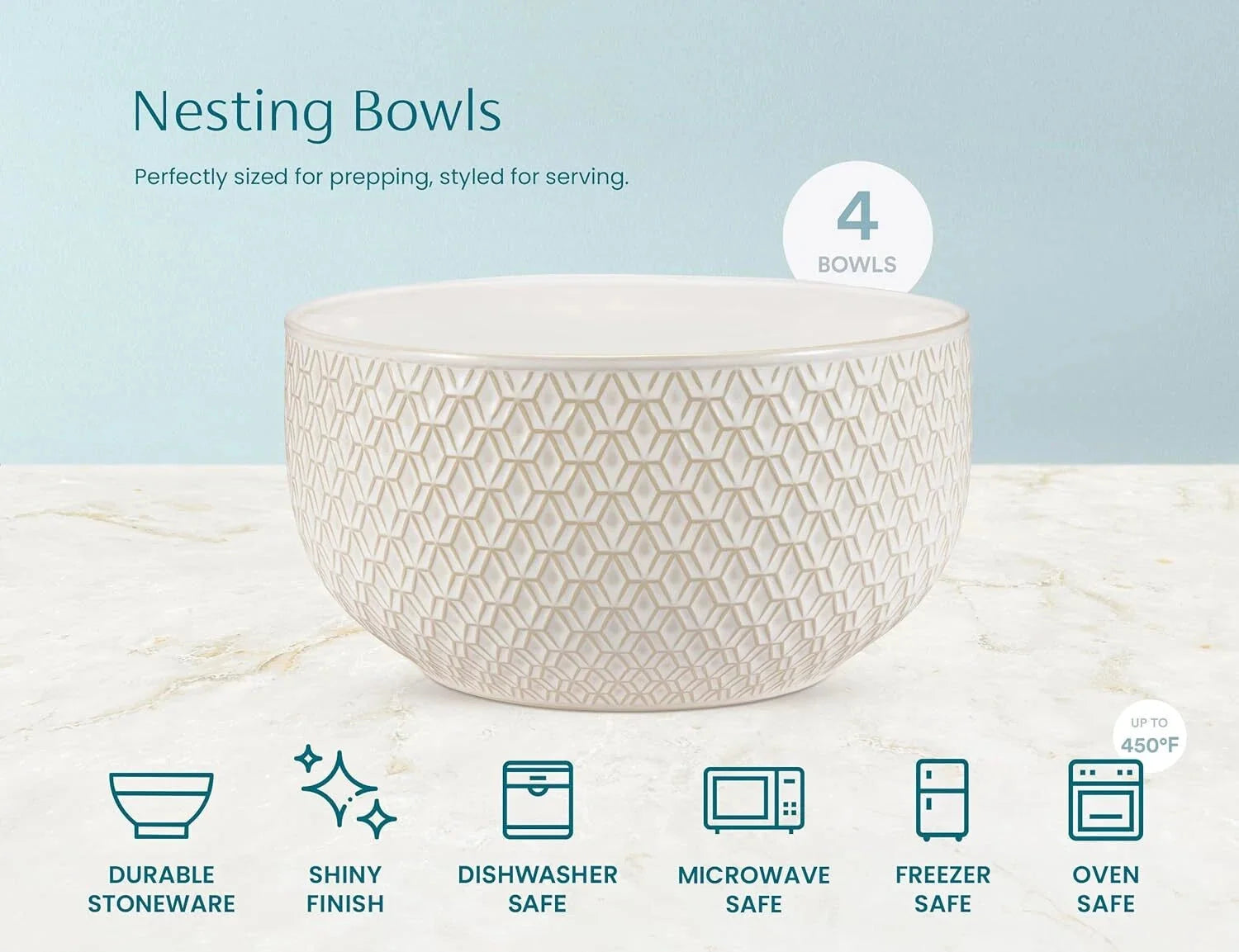 Ceramic Mixing Bowls, Set of 4, Embossed Kitchen Bowls, Prep,Serve, Gift (Ivory) 07FC0E-D4 - KOEEK [6]