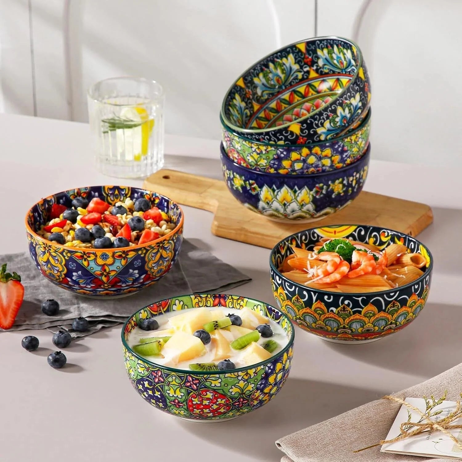 Cereal Bowl 6 Piece Set, Bohemian Ceramic Soup Bowl, 28 oz Colorful Bowl Set 07FC0E-D4 - KOEEK [5]
