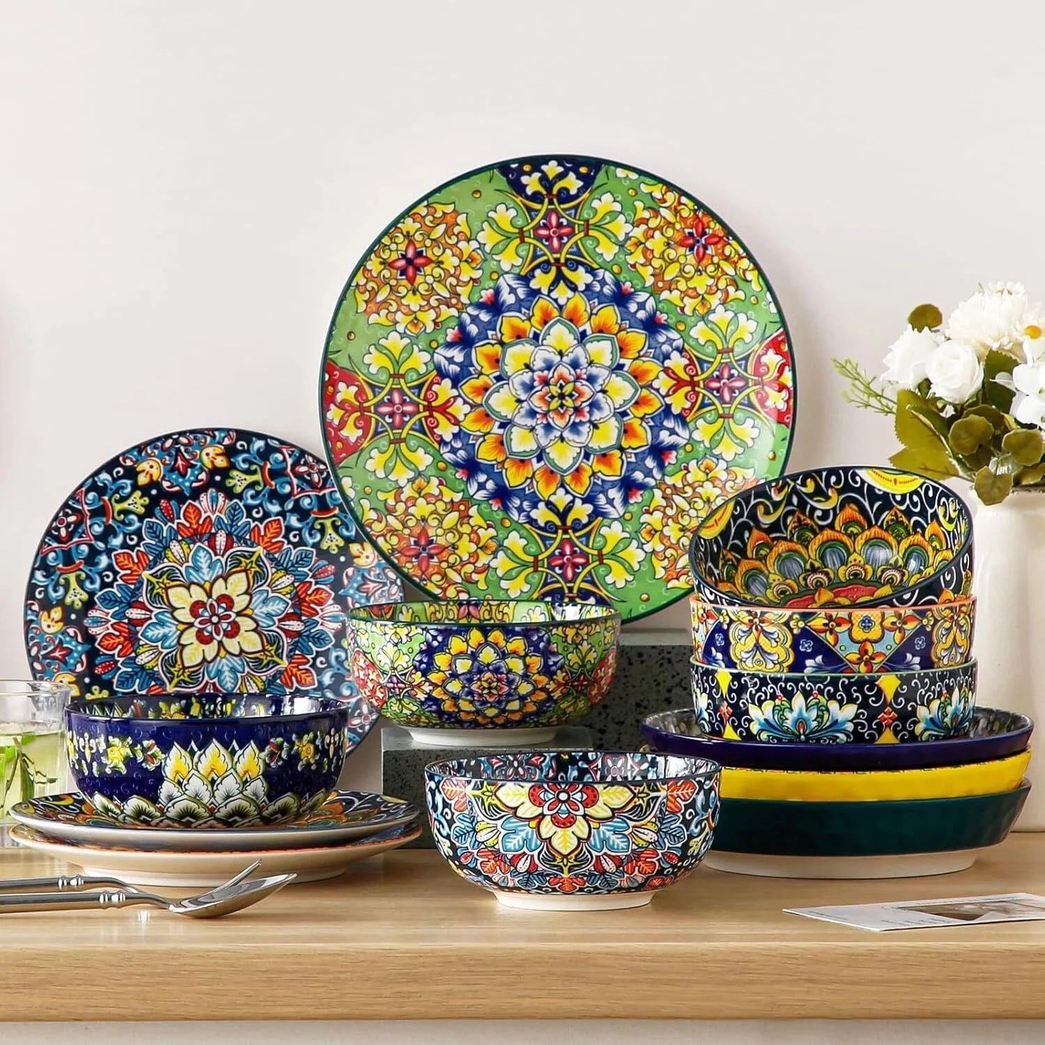 Cereal Bowl 6 Piece Set, Bohemian Ceramic Soup Bowl, 28 oz Colorful Bowl Set 07FC0E-D4 - KOEEK [6]