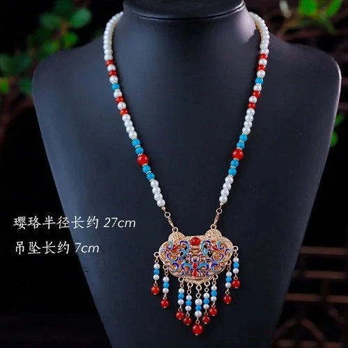 Chinese Cloisonne Blue Enamel Necklace Ethnic Hanfu Jewelry Elegant Accessory 07FC0E-D4 - KOEEK [5]