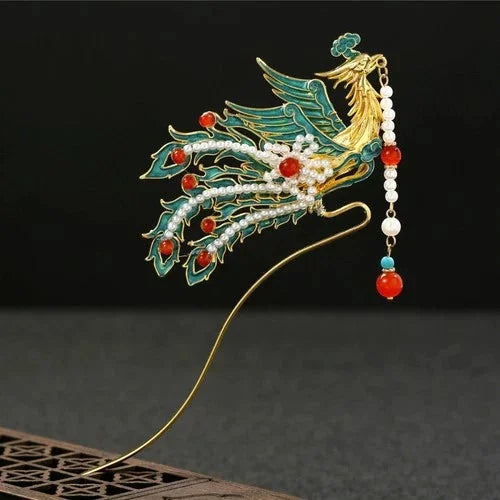 Chinese Hanfu Blue Enamel Phoenix Tassel Hairpin Vintage Style Jewelry 07FC0E-D4 - KOEEK [10]