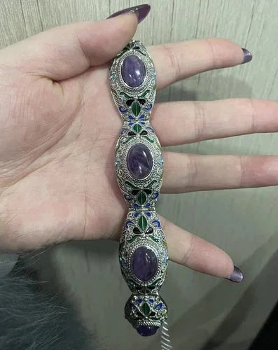 Chinese Silver Filigree Enamel Amethyst Bracelet Ring Set Jewelry Women Men Gift 07FC0E-D4 - KOEEK [4]