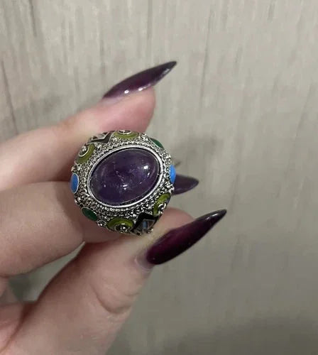 Chinese Silver Filigree Enamel Amethyst Bracelet Ring Set Jewelry Women Men Gift 07FC0E-D4 - KOEEK [5]