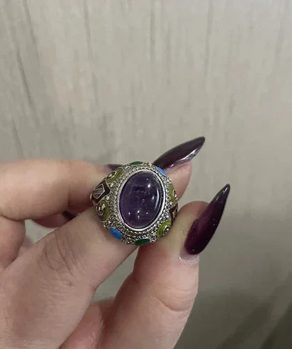 Chinese Silver Filigree Enamel Amethyst Bracelet Ring Set Jewelry Women Men Gift 07FC0E-D4 - KOEEK [6]