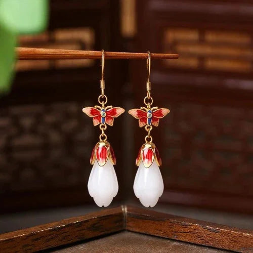 Chinese Style Butterfly Enamel Vintage Jade Stud Earrings 07FC0E-D4 - KOEEK [1]