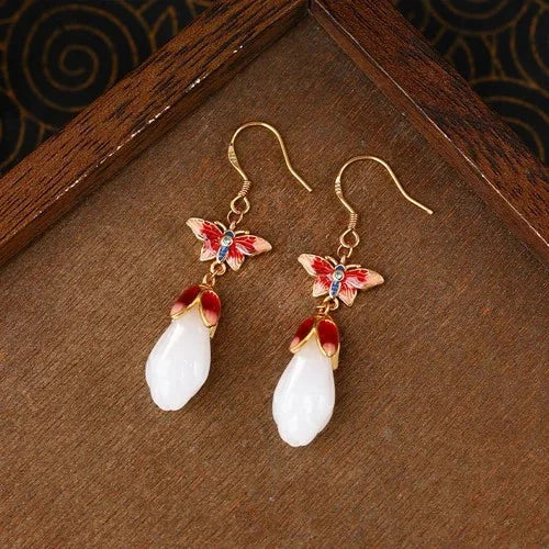 Chinese Style Butterfly Enamel Vintage Jade Stud Earrings 07FC0E-D4 - KOEEK [2]