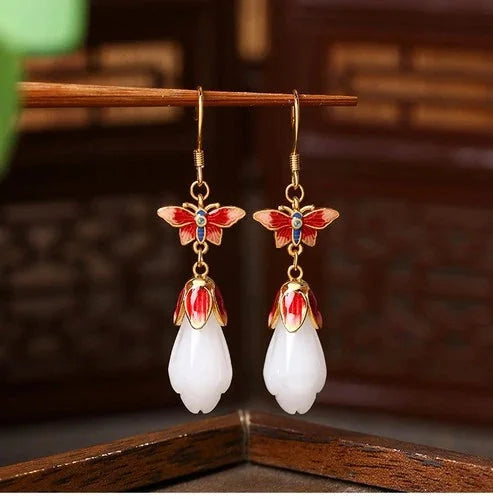 Chinese Style Butterfly Enamel Vintage Jade Stud Earrings 07FC0E-D4 - KOEEK [5]