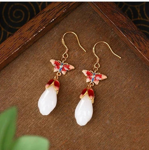 Chinese Style Butterfly Enamel Vintage Jade Stud Earrings 07FC0E-D4 - KOEEK [6]
