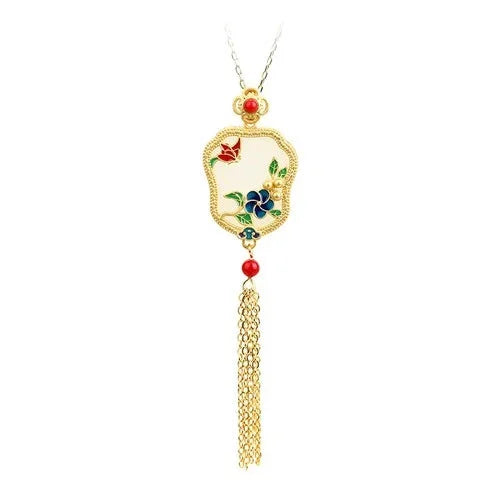 Chinese Style Enamel Fan Pendant Tassel Necklace Vintage  Chinese Style 07FC0E-D4 - KOEEK [4]