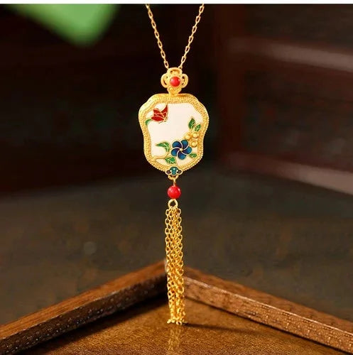 Chinese Style Enamel Fan Pendant Tassel Necklace Vintage  Chinese Style 07FC0E-D4 - KOEEK [6]