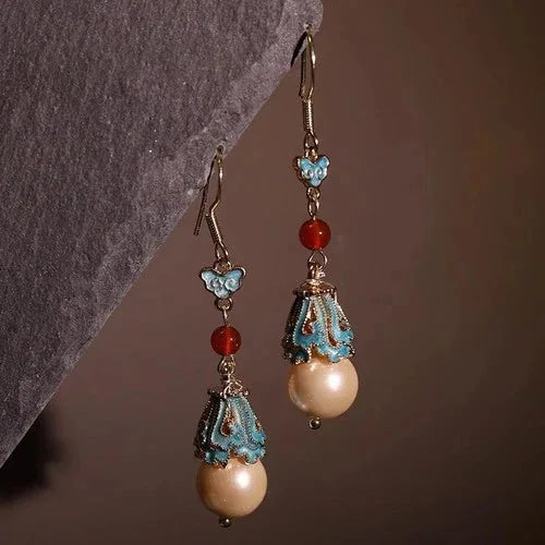 Chinese Style Enamel Red Pearl Dangle Earrings  Chinese Hanfu Jewelry 07FC0E-D4 - KOEEK [1]