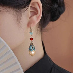 Chinese Style Enamel Red Pearl Dangle Earrings  Chinese Hanfu Jewelry 07FC0E-D4 - KOEEK [2]