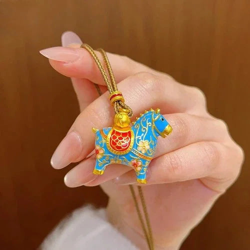 Chinese Style Gold Plated Enamel Zodiac Horse Pendant Necklace Vintage Charm 07FC0E-D4 - KOEEK [1]