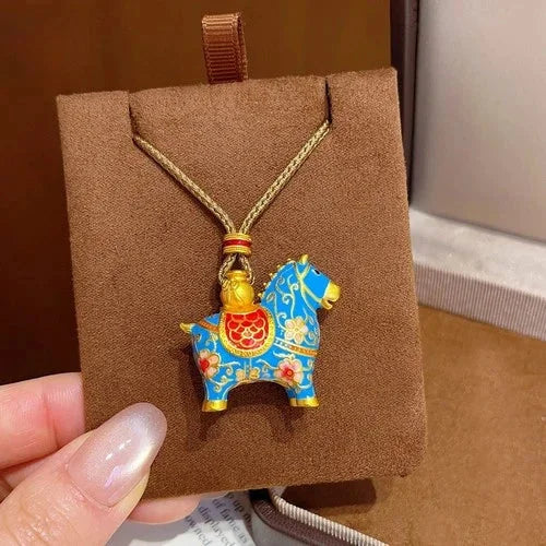Chinese Style Gold Plated Enamel Zodiac Horse Pendant Necklace Vintage Charm 07FC0E-D4 - KOEEK [2]