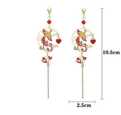Chinese Style Hanfu Earrings Red Phoenix Peacock Long Ear Hooks Vintage Jewelry 07FC0E-D4 - KOEEK [2]