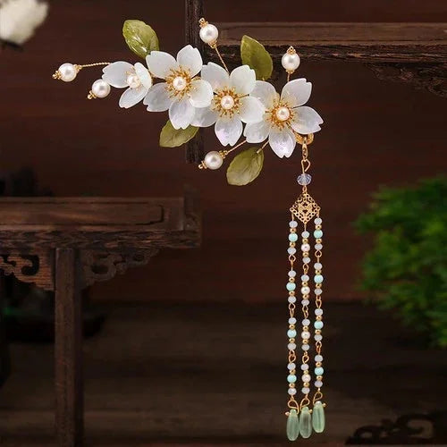 Chinese Style Hanfu Headpiece Floral Tassel Side Hair Clip Glass Petal Accessory 07FC0E-D4 - KOEEK [1]