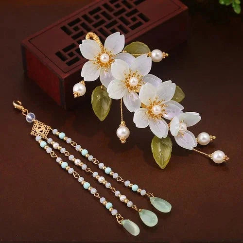 Chinese Style Hanfu Headpiece Floral Tassel Side Hair Clip Glass Petal Accessory 07FC0E-D4 - KOEEK [5]