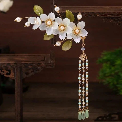 Chinese Style Hanfu Headpiece Floral Tassel Side Hair Clip Glass Petal Accessory 07FC0E-D4 - KOEEK [6]
