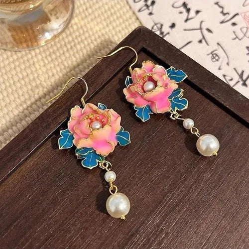 Chinese Style Peony Stud Earrings  Chinese Design Qipao Hanfu Jewelry 07FC0E-D4 - KOEEK [1]