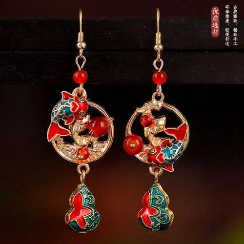 Chinese Style Red Koi Fish Ear Clips Ancient Brass Earrings Hooks 07FC0E-D4 - KOEEK [3]