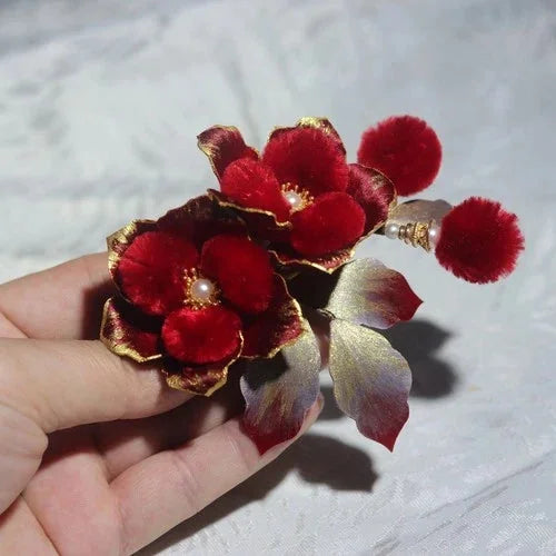 Chinese Style Velvet Flower Hairpin Hanfu Headpiece Red Camellia Hair Clip 07FC0E-D4 - KOEEK [2]