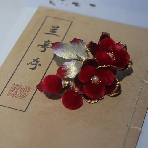 Chinese Style Velvet Flower Hairpin Hanfu Headpiece Red Camellia Hair Clip 07FC0E-D4 - KOEEK [4]