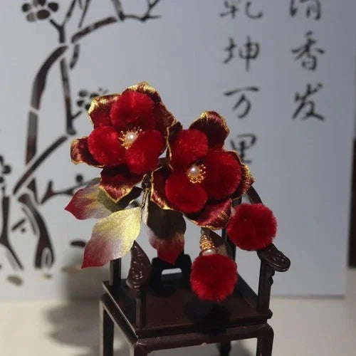 Chinese Style Velvet Flower Hairpin Hanfu Headpiece Red Camellia Hair Clip 07FC0E-D4 - KOEEK [5]