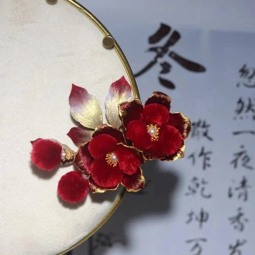 Chinese Style Velvet Flower Hairpin Hanfu Headpiece Red Camellia Hair Clip 07FC0E-D4 - KOEEK [6]