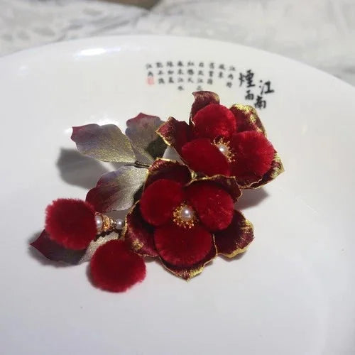 Chinese Style Velvet Flower Hairpin Hanfu Headpiece Red Camellia Hair Clip 07FC0E-D4 - KOEEK [9]