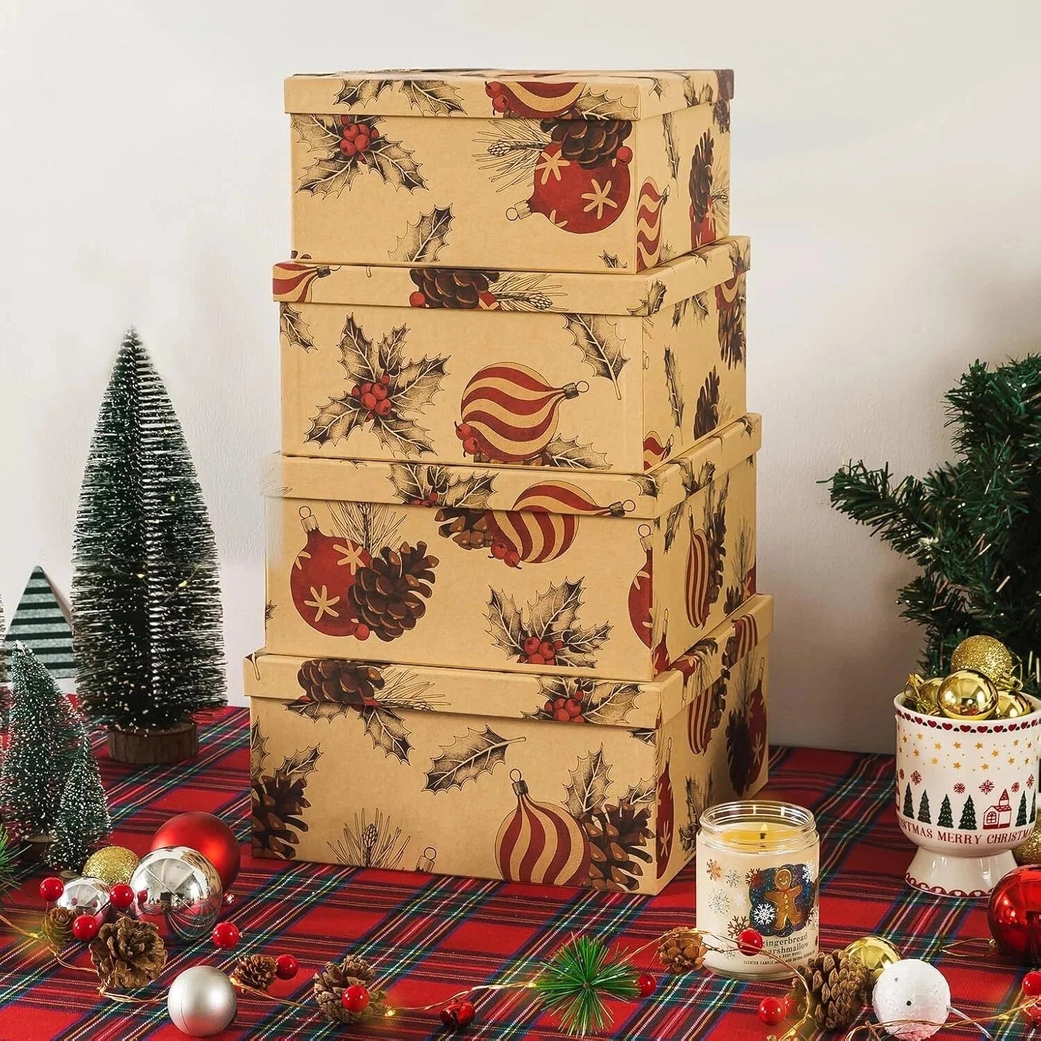 Christmas Kraft Square Decorative Boxes with Lids-Set of 4-Retro Cozy Christmas 07FC0E-D4 - KOEEK [1]
