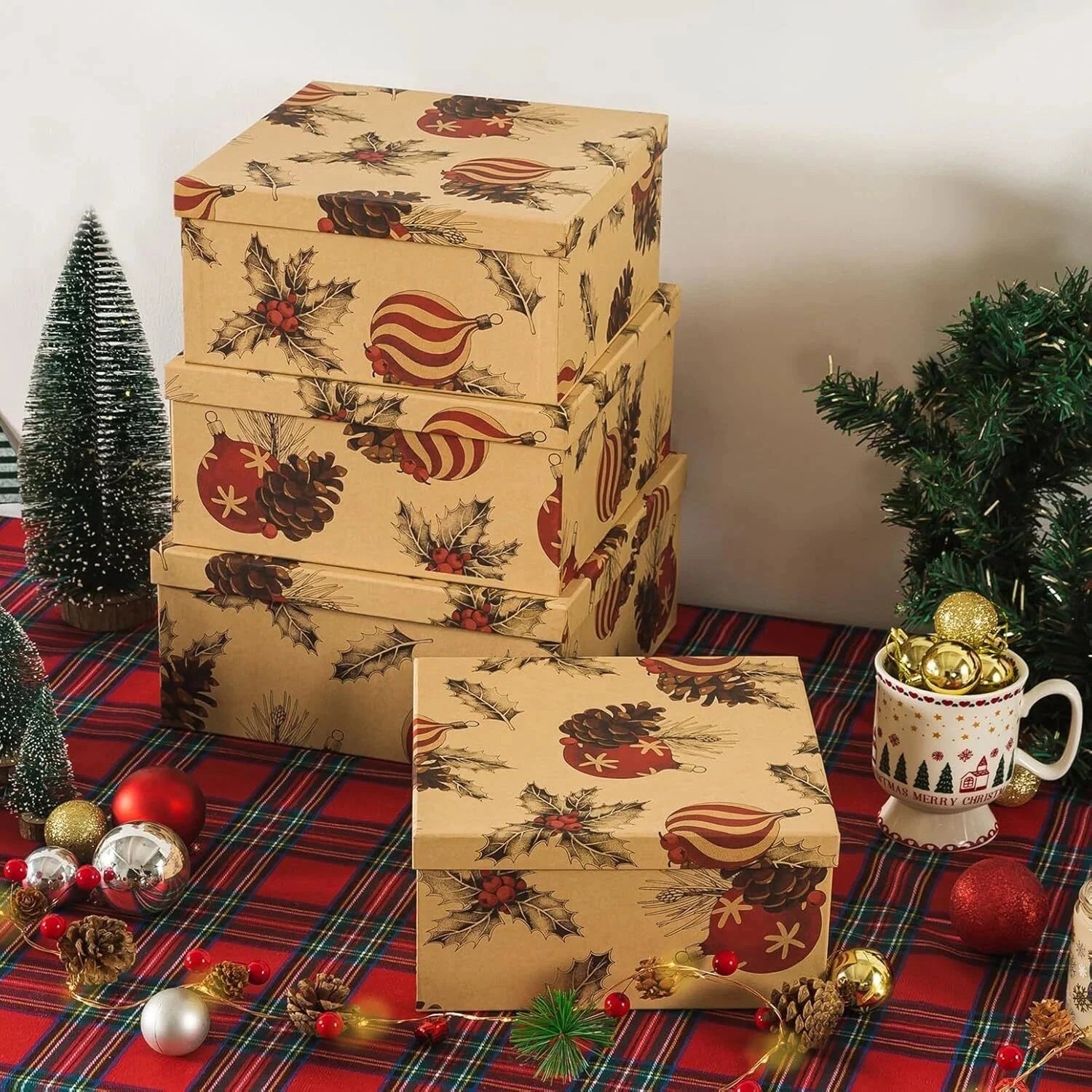 Christmas Kraft Square Decorative Boxes with Lids-Set of 4-Retro Cozy Christmas 07FC0E-D4 - KOEEK [5]